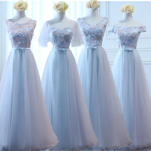 Chic / Beautiful Sky Blue Bridesmaid Dresses 2017 A-Line / Princess Bow Artificial Flowers Backless Floor-Length / Long Bridesmaid Wedding Party Dresses
