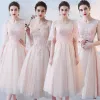 Chic / Beautiful Blushing Pink Bridesmaid Dresses 2017 A-Line / Princess Lace Flower Backless Tea-length Bridesmaid Wedding Party Dresses