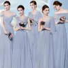 Hermoso Azul Cielo Vestidos De Damas De Honor 2017 A-Line / Princess Sin Espalda La altura del tobillo La Dama De Honor Vestidos para bodas