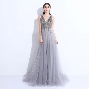 Chic Beautiful Grey Evening Dresses 2017 A Line Princess Beading Sequins Split Front V Neck Backless Sleeveless Sweep Train Formal Dresses
