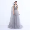 Chic / Beautiful Grey Evening Dresses  2017 A-Line / Princess Beading Sequins Split Front V-Neck Backless Sleeveless Sweep Train Formal Dresses