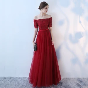 Chic Beautiful Red Evening Dresses 2017 A Line Princess Artificial Flowers Bow Off The Shoulder Backless Short Sleeve Ankle Length