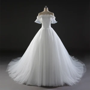 Chic Beautiful Wedding Dresses 2017 Ball Gown Lace Flower Sequins Off The Shoulder Backless Short Sleeve Royal Train