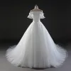 Chic / Beautiful Wedding Dresses 2017 Ball Gown Lace Flower Sequins Off-The-Shoulder Backless Short Sleeve Royal Train