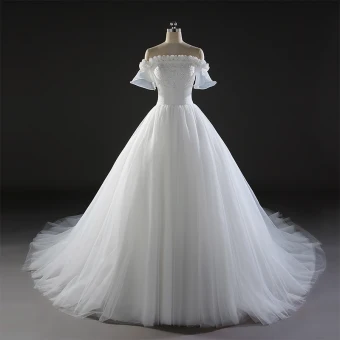 Schöne Brautkleider 2017 Ballkleid Mit Spitze Blumen Pailletten Off Shoulder Rückenfreies Kurze Ärmel Königliche Schleppe