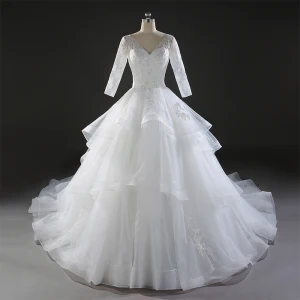 Chic Beautiful Wedding Dresses 2017 Ball Gown Lace Flower Sequins V Neck Backless 3 4 Sleeve Royal Train