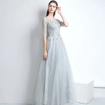 Chic Belle Robe De Soirée 2017 Princesse En Dentelle Paillettes Encolure Dégagée Dos Nu 1 2 Manches Longue Soirée
