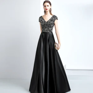 Luxury Gorgeous Black Evening Dresses 2017 A Line Princess Beading Backless V Neck Short Sleeve Floor Length Long Formal Dresses