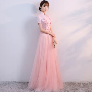 Chic Belle Perle Rose Style Chinois Robe De Ceremonie 2017 Princesse Dentelle Fleur Perle Col Haut Manches Courtes Longue Robe De Soirée