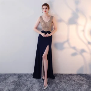 Chic Beautiful Navy Blue Evening Dresses 2017 A Line Princess Rhinestone Backless V Neck Sleeveless Floor Length Long Formal Dresses