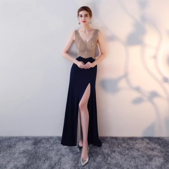 Chic Belle Bleu Marine Robe De Soirée 2017 Princesse Faux Diamant Dos Nu V Cou Sans Manches Longue Robe De Ceremonie