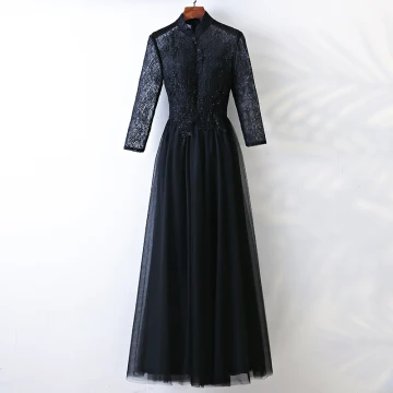 Chic Belle Noir Robe De Soirée 2017 Princesse Dentelle Perlage Cristal Col Haut Manches Longues Longueur Cheville Robe De Ceremonie