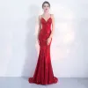 Sexy Robe De Soirée 2017 Trompette / Sirène Paillettes Bretelles Spaghetti Dos Nu Train De Balayage Sans Manches Robe De Ceremonie