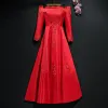 Chic / Beautiful Red Evening Dresses  2017 A-Line / Princess Lace Backless Off-The-Shoulder Long Sleeve Ankle Length Formal Dresses