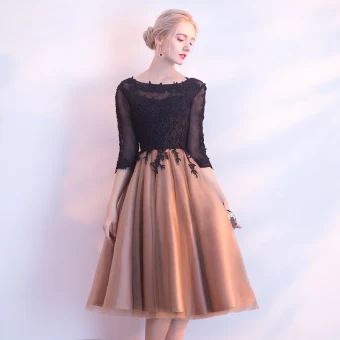 Chic Beautiful Black Homecoming Graduation Dresses 2017 A Line Princess Lace Flower Scoop Neck Backless 3 4 Sleeve Knee Length