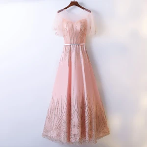 Chic Belle Perle Rose Robe De Bal 2017 Princesse En Dentelle Paillettes Encolure Dégagée Dos Nu Manches Courtes Longueur Cheville