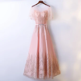 Chic Beautiful Pearl Pink Prom Dresses 2017 A Line Princess Lace Sequins Scoop Neck Backless Short Sleeve Ankle Length