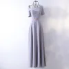 Elegant Silver Evening Dresses  2017 A-Line / Princess Metal Sash One-Shoulder Backless Short Sleeve Ankle Length Evening Party