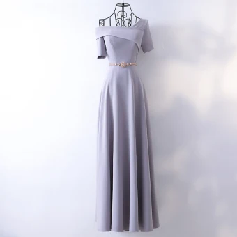 Elegant Silver Evening Dresses 2017 A Line Princess Metal Sash One Shoulder Backless Short Sleeve Ankle Length Evening Party