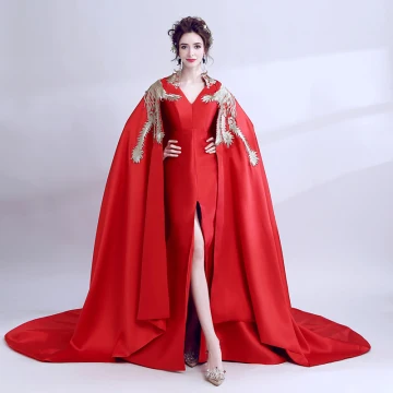 Unusual Red With Shawl Evening Dresses 2018 A Line Princess Embroidered V Neck Sleeveless Court Train Formal Dresses