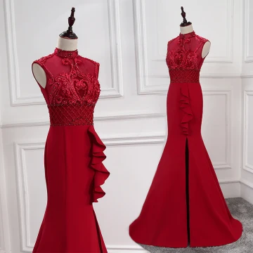 Moderne Mode Bordeaux Robe De Soirée 2018 Trompette Sirène Cristal En Dentelle Fleur Col Haut Dos Nu Sans Manches Train De Balayage Robe De Ceremonie