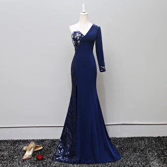 Vintage Originale Bleu Marine Robe De Soirée 2018 Trompette Sirène Perle Paillettes Une Épaule Manches Longues Dos Nu Train De Balayage Robe De Ceremonie