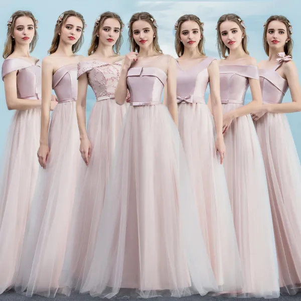 Chic / Beautiful Blushing Pink Bridesmaid Dresses 2018 A-Line / Princess Bow Backless Floor-Length / Long Wedding Party Dresses