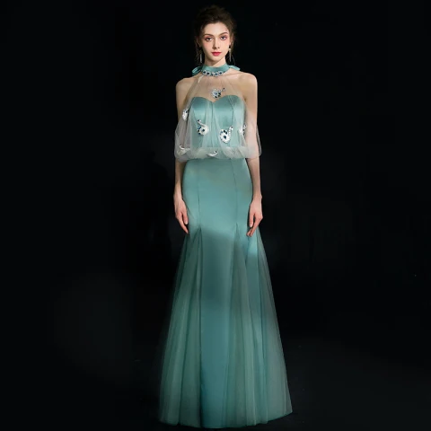 Encantador Jade Verde Vestidos de noche 2018 Trumpet / Mermaid Crystal Rhinestone Bowknot Halter Sin Espalda Sin Mangas Largos Vestidos Formales