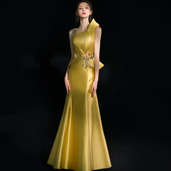 Amazing / Unique Gold Evening Dresses 2018 Trumpet / Mermaid Appliques ...