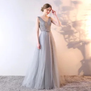 Chic Belle Argenté Robe De Soirée 2017 Princesse En Dentelle Fleur Perlage V Cou Dos Nu Sans Manches Longue Robe De Ceremonie