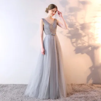 Chic Belle Argenté Robe De Soirée 2017 Princesse En Dentelle Fleur Perlage V Cou Dos Nu Sans Manches Longue Robe De Ceremonie