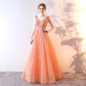 Chic Belle Orange Robe De Soirée 2017 Princesse En Dentelle Fleur Paillettes V Cou Dos Nu Sans Manches Longue Robe De Ceremonie