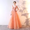 Chic / Beautiful Orange Evening Dresses  2017 A-Line / Princess Lace Flower Sequins V-Neck Backless Sleeveless Floor-Length / Long Formal Dresses