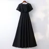 Chic / Beautiful Black Formal Dresses 2017 A-Line / Princess Lace Flower Scoop Neck Short Sleeve Ankle Length Evening Dresses