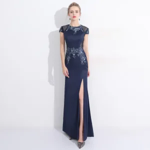 Chic Belle Fendue Devant Robe De Soirée 2017 Trompette Sirène En Dentelle Fleur Cristal Encolure Dégagée Manches Courtes Longueur Cheville Robe De Ceremonie
