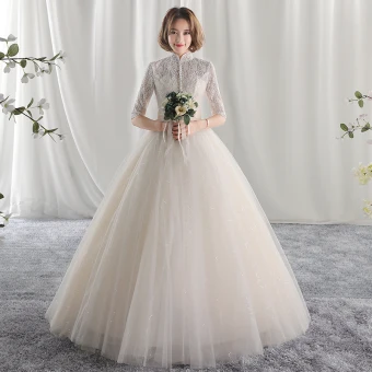Hermoso Ball Gown Vestidos De Novia 2017 Con Encaje Flor Cuello Alto Sin Espalda 1 2 Ærmer Largos Boda