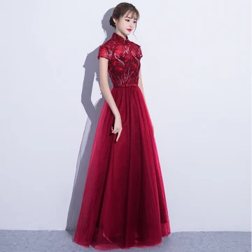 Chic Belle Style Chinois Robe De Soirée 2017 Princesse Dentelle Fleur Paillettes Dos Nu Col Haut Manches Courtes Robe De Ceremonie Identique La Première Photo