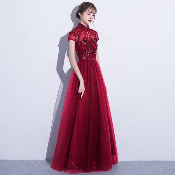 Chic / Beautiful Chinese style Evening Dresses  2017 A-Line / Princess Lace Flower Sequins Backless High Neck Short Sleeve Formal Dresses Same As First Picture