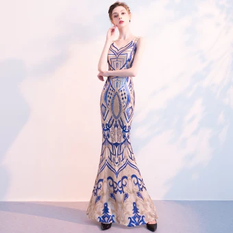 Charmant Bleu Roi Champagne Robe De Soirée 2018 Trompette Sirène Paillettes V Cou Dos Nu Sans Manches Longue Robe De Ceremonie