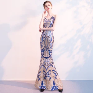 Charming Royal Blue Champagne Evening Dresses 2018 Trumpet Mermaid Sequins V Neck Backless Sleeveless Floor Length Long Formal Dresses