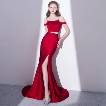 Sexy Burgundy 2 Piece Evening Dresses 2018 Trumpet Mermaid Split Front Spaghetti Straps Backless Short Sleeve Sweep Train Formal Dresses
