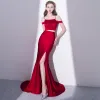 Sexy Burgundy 2 Piece Evening Dresses  2018 Trumpet / Mermaid Split Front Spaghetti Straps Backless Short Sleeve Sweep Train Formal Dresses