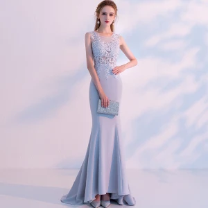 Chic Beautiful Grey Evening Dresses 2018 Trumpet Mermaid Beading Lace Flower Scoop Neck Sleeveless Sweep Train Formal Dresses