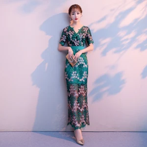Amazing Unique Dark Green Evening Dresses 2018 Trumpet Mermaid Lace Flower V Neck Short Sleeve Ankle Length Formal Dresses