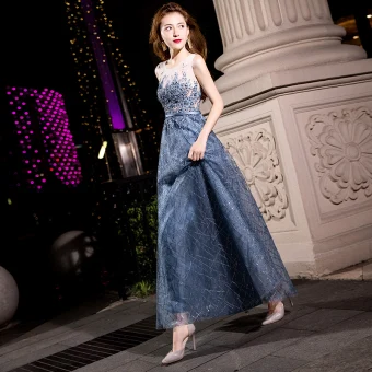 Scintillantes Océan Bleu Robe De Soirée 2018 Princesse Appliques En Dentelle Fleur Perlage Perle Paillettes Ceinture Encolure Dégagée Dos Nu Sans Manches Longue Robe De Ceremonie
