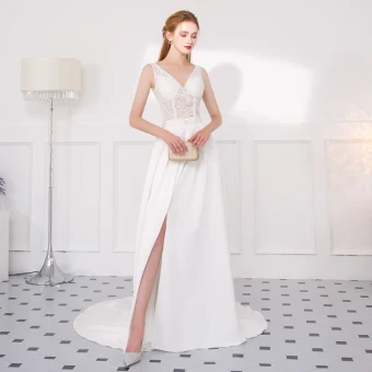 Moderne Mode Ivoire Robe De Soirée 2018 Princesse En Dentelle Fleur Fendue Devant V Cou Dos Nu Sans Manches Tribunal Train Robe De Ceremonie