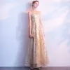 Chic / Beautiful Champagne Evening Dresses  2017 A-Line / Princess Lace Flower Sash Sequins Scoop Neck Sleeveless Ankle Length Formal Dresses