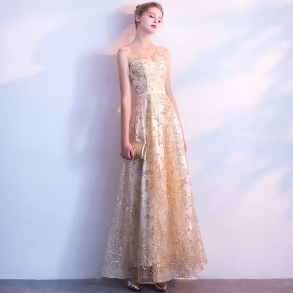 Chic / Beautiful Champagne Evening Dresses  2017 A-Line / Princess Lace Flower Sash Sequins Scoop Neck Sleeveless Ankle Length Formal Dresses