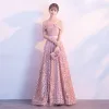 Chic / Beautiful Pearl Pink Evening Dresses  2017 A-Line / Princess Lace Metal Sash V-Neck Backless Short Sleeve Ankle Length Formal Dresses