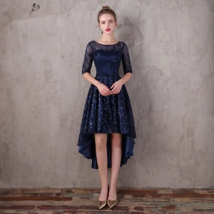Chic Belle Bleu Marine Asymétrique Robe De Soirée 2017 Princesse En Dentelle Paillettes Noeud Encolure Dégagée 1 2 Manches Robe De Ceremonie